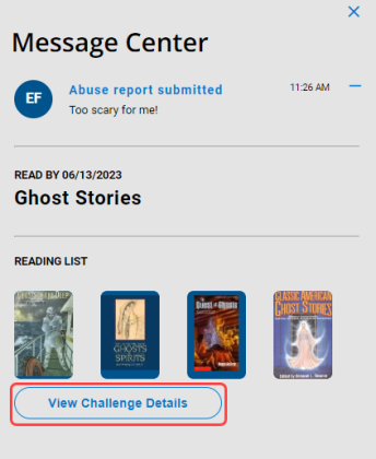 Message Center with Abuse report message expanded and View Challenge Details highlighted.